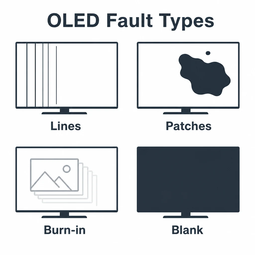 Graphic showing common OLED faults including lines, patches, burn-in and a blank screen