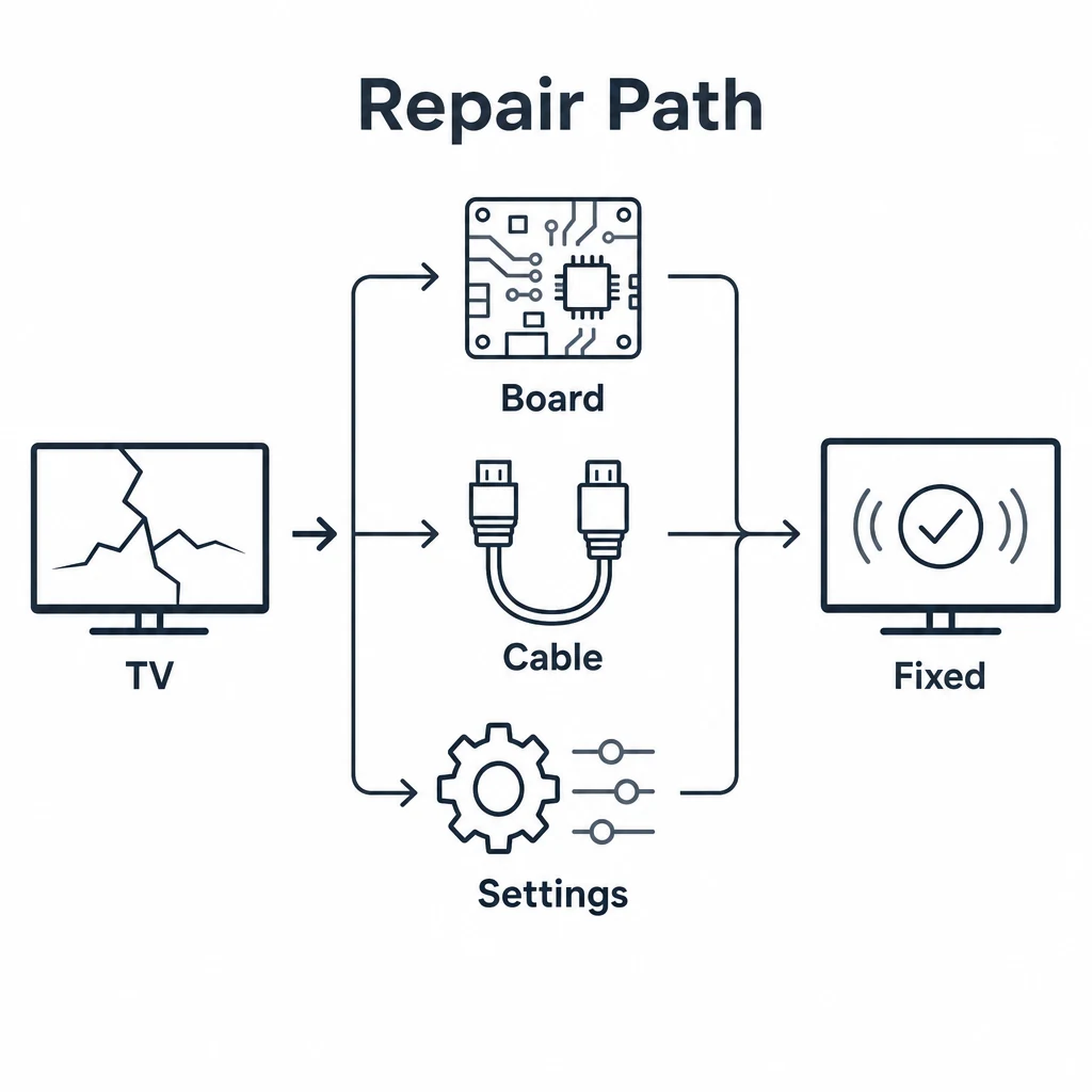 Graphic showing OLED repair paths through board, cable or settings fixes