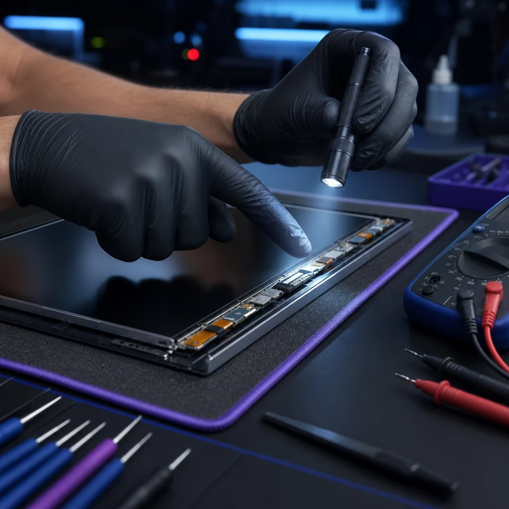Hands inspecting delicate OLED panel ribbons on a repair bench