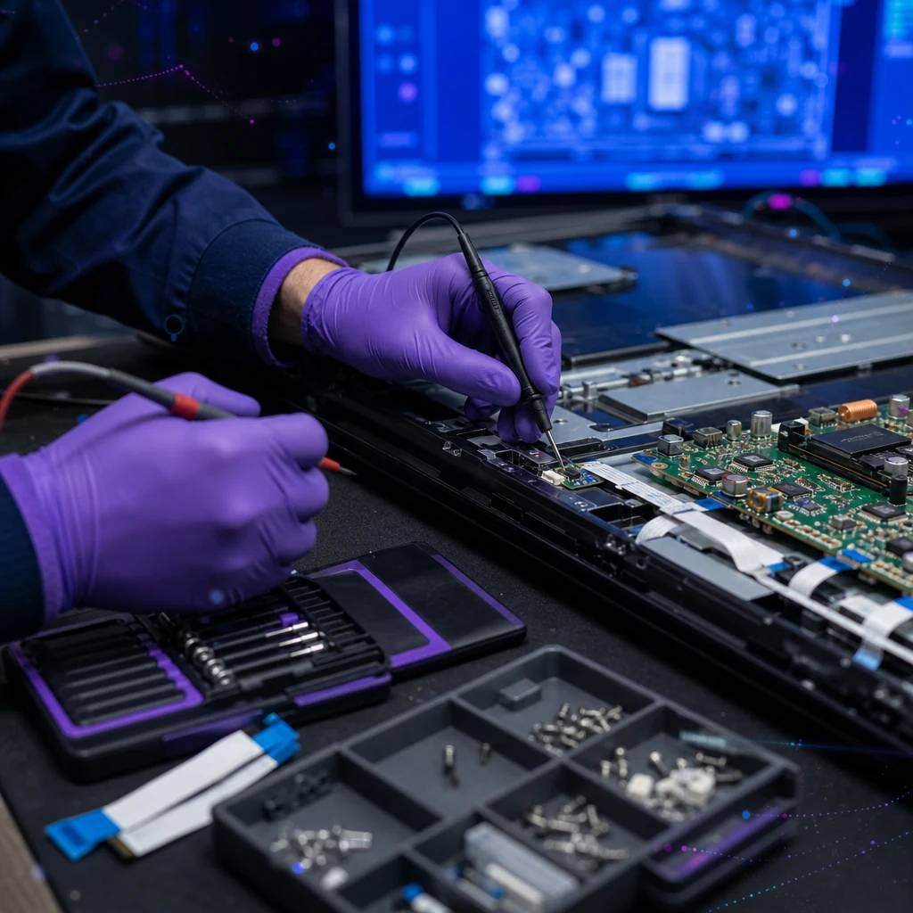 Technician hands testing OLED TV electronics with a multimeter and diagnostic screen